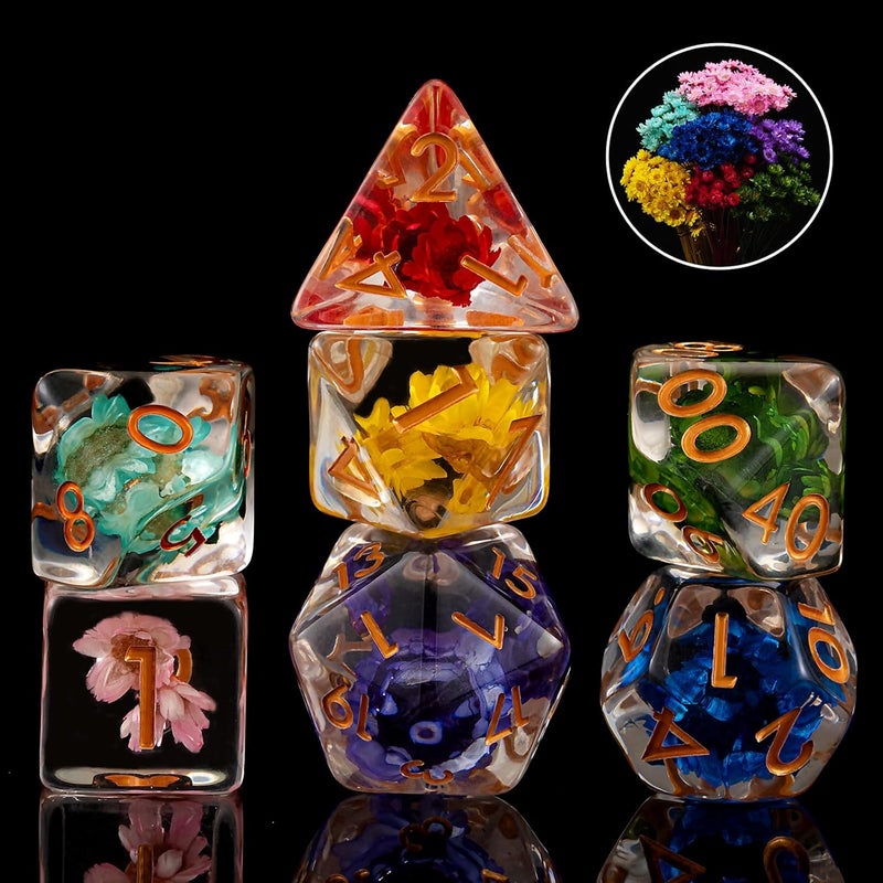 weyano Resin D&D Dice Set, Flower Polyhedral Dice for Dungeons and Dragons, RPG, MTG DND 7-DIE (D4, D6, D8, D10, D12, D20, D%) for Ages 15 and Up - Image 3